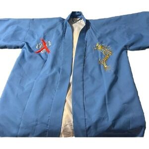 Vintage‎ Made in Japan Blue Dragon Embroidered Kimono Robe Gold Dragon LL Large